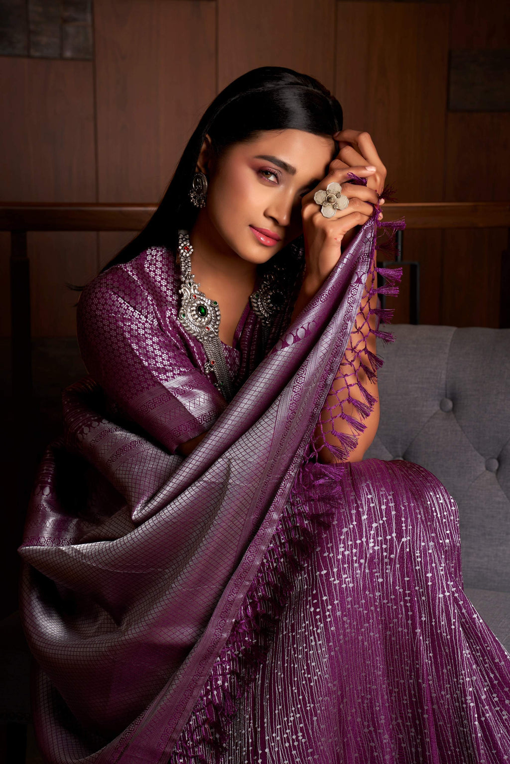 Vardha Plum Purple Silver Zari Kanjeevaram Silk Saree | Grocsy