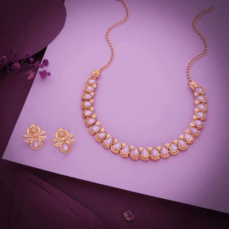 Tehzeeb Creationss Rose Gold Polish Lavender Colour Necklace With Pair Of Earrings | Grocsy