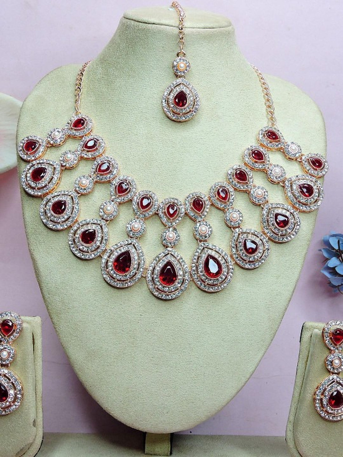 Jewel City Rose Gold-Plated Necklace Set with Earrings & Maang Tikka for Women – Sparkling Bridal Party Jewelry | Grocsy