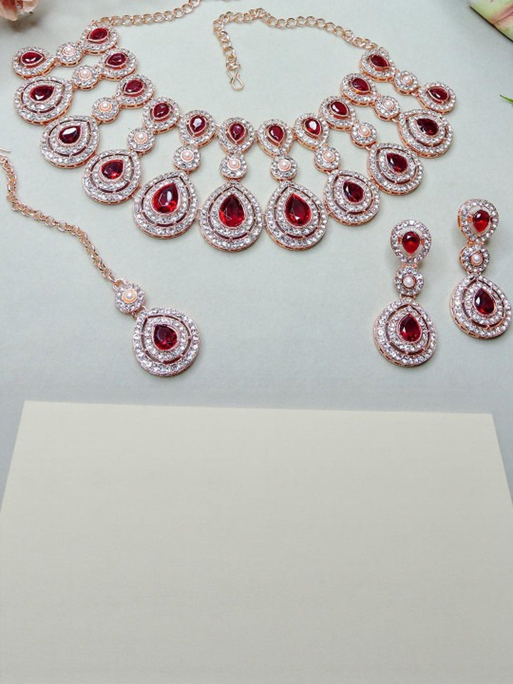 Jewel City Rose Gold-Plated Necklace Set with Earrings & Maang Tikka for Women – Sparkling Bridal Party Jewelry | Grocsy