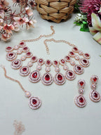 Jewel City Rose Gold-Plated Necklace Set with Earrings & Maang Tikka for Women – Sparkling Bridal Party Jewelry | Grocsy
