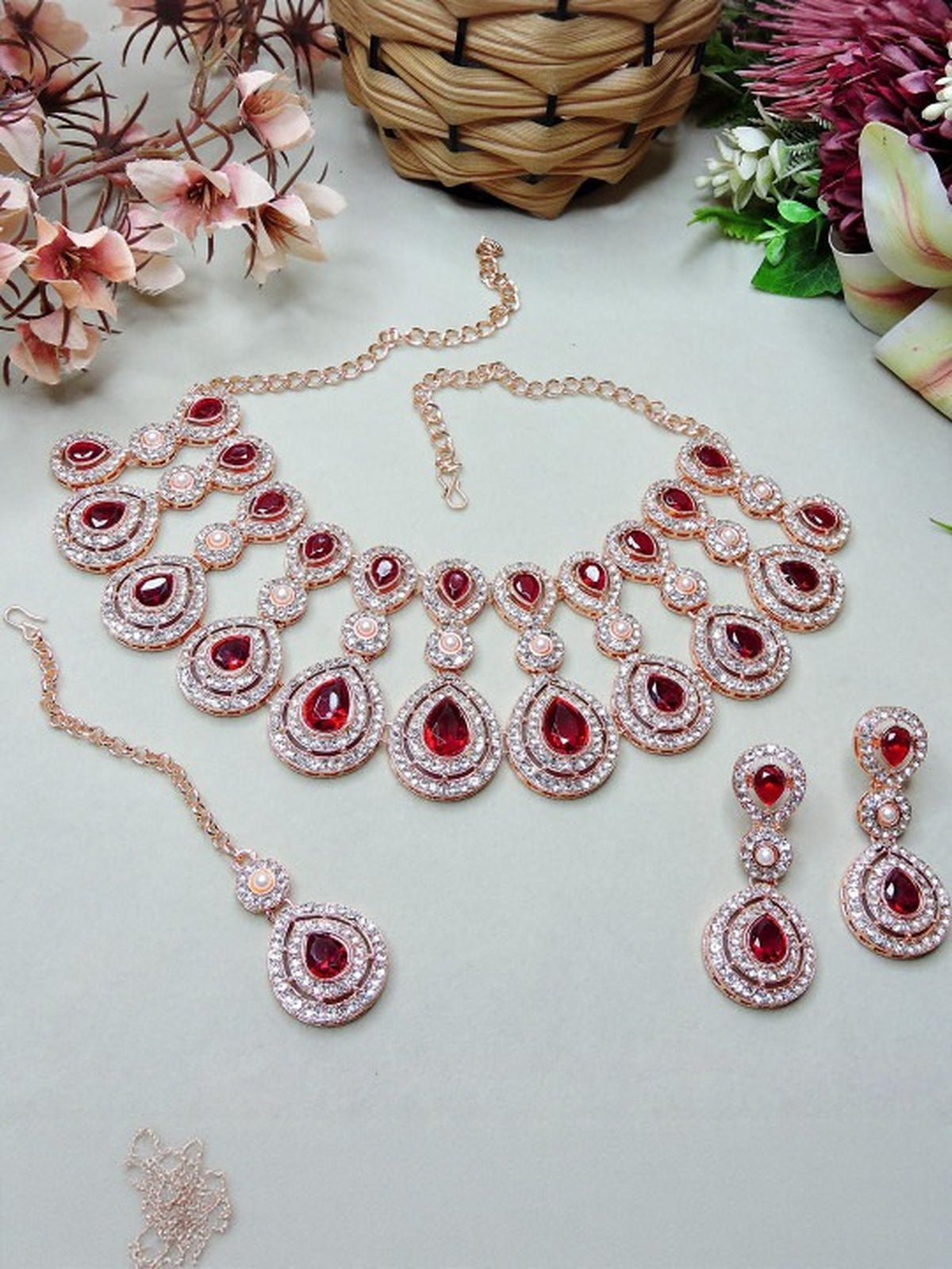 Jewel City Rose Gold-Plated Necklace Set with Earrings & Maang Tikka for Women – Sparkling Bridal Party Jewelry | Grocsy