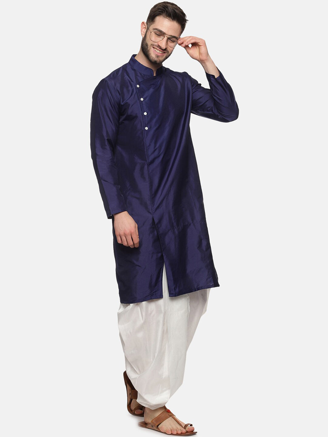 Sethukrishna Men Navy Blue Angrakha Kurta with Dhoti Pants | Grocsy