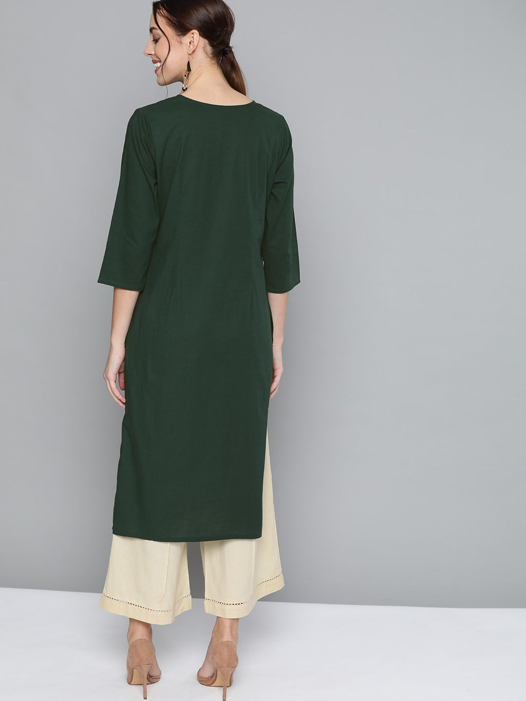 HERE&NOW Women Green Pure Cotton Solid Kurta | Grocsy