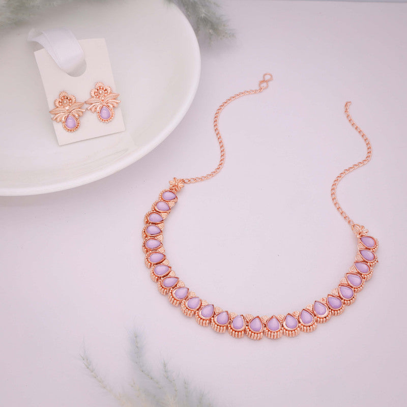 Tehzeeb Creationss Rose Gold Polish Lavender Colour Necklace With Pair Of Earrings | Grocsy