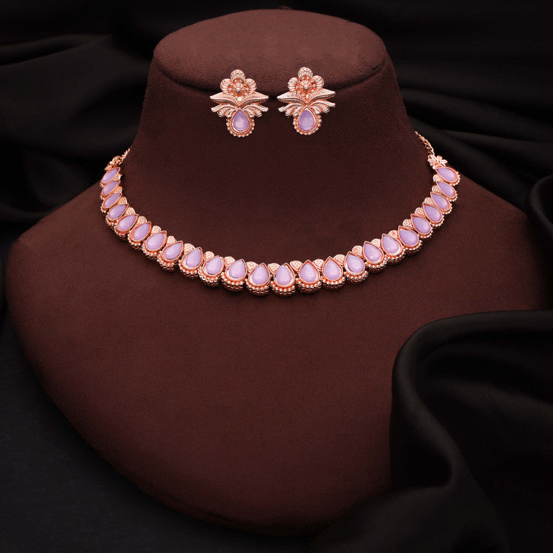 Tehzeeb Creationss Rose Gold Polish Lavender Colour Necklace With Pair Of Earrings | Grocsy