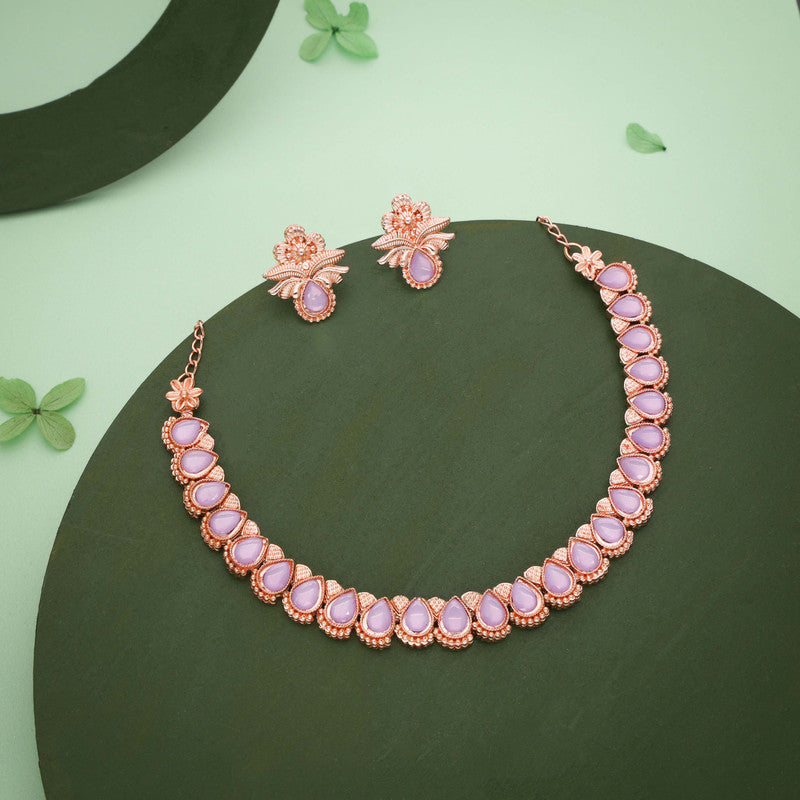 Tehzeeb Creationss Rose Gold Polish Lavender Colour Necklace With Pair Of Earrings | Grocsy