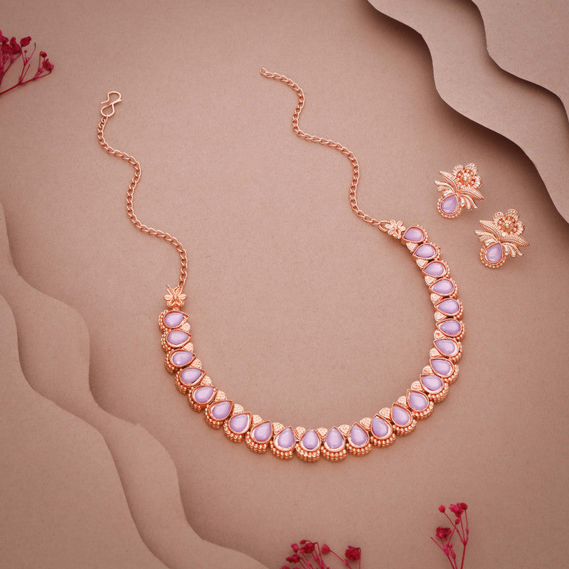 Tehzeeb Creationss Rose Gold Polish Lavender Colour Necklace With Pair Of Earrings | Grocsy