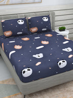 DREAM WEAVERZ Navy Blue & White Conversational Glazed Cotton 220 TC King Bedsheet with 2 Pillow Covers | Grocsy