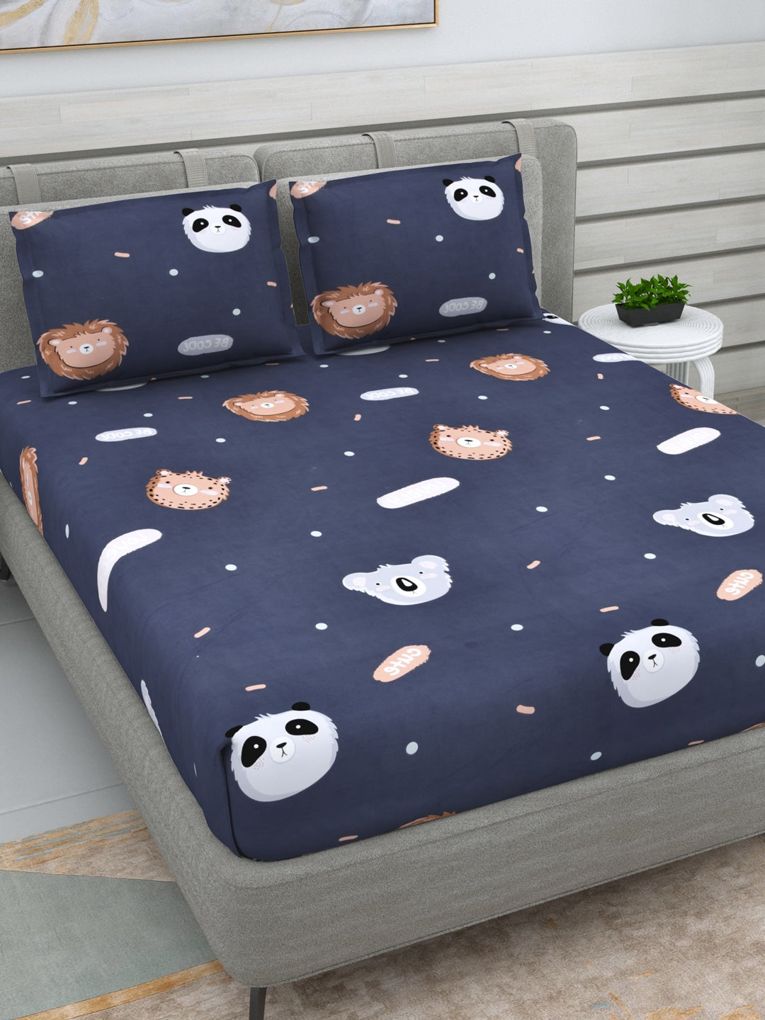 DREAM WEAVERZ Navy Blue & White Conversational Glazed Cotton 220 TC King Bedsheet with 2 Pillow Covers | Grocsy