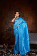 Vardha Azure Blue Silver Zari Kanjeevaram Silk Saree | Grocsy