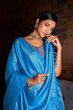 Vardha Azure Blue Silver Zari Kanjeevaram Silk Saree | Grocsy