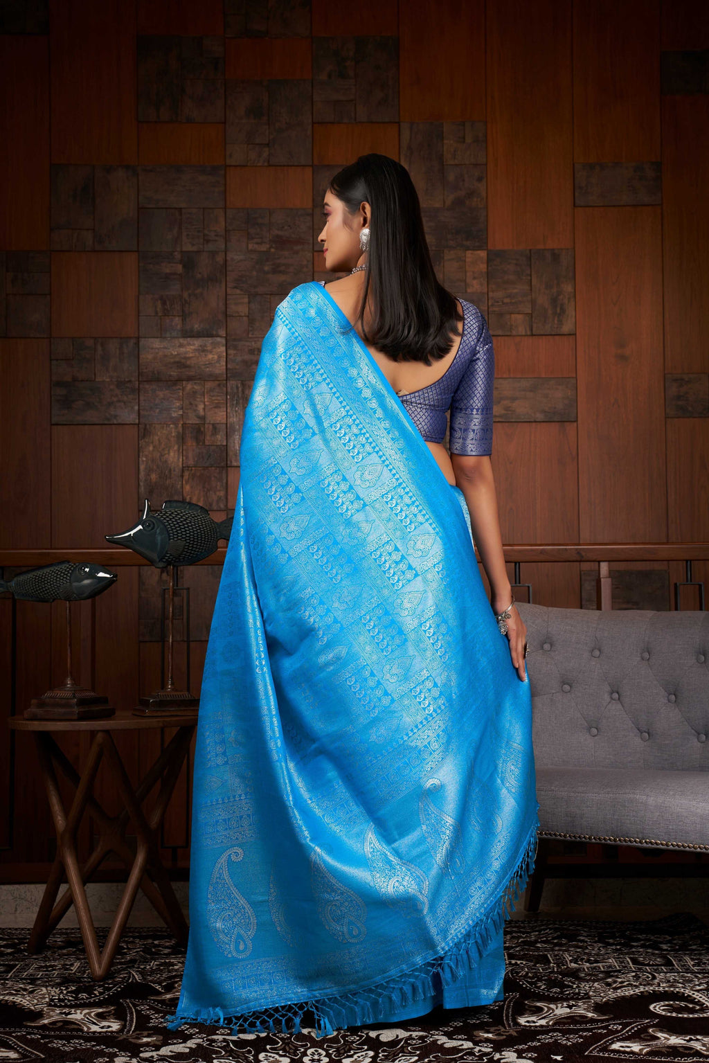 Vardha Azure Blue Silver Zari Kanjeevaram Silk Saree | Grocsy