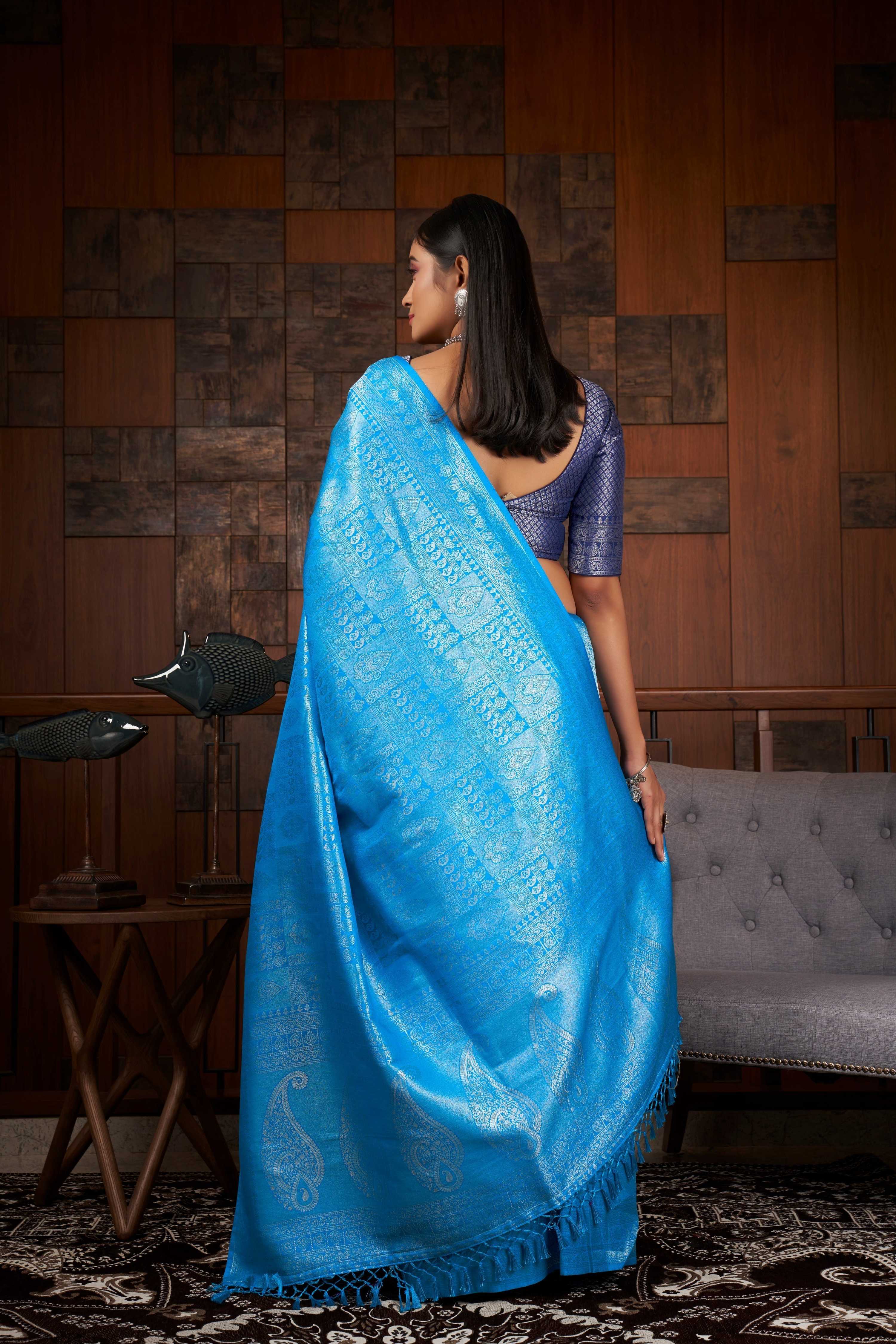 Vardha Azure Blue Silver Zari Kanjeevaram Silk Saree | Grocsy