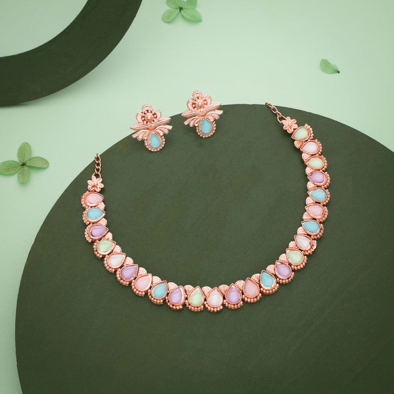 Tehzeeb Creationss Rose Gold Polish Multi Colour Necklace With Pair Of Earrings | Grocsy