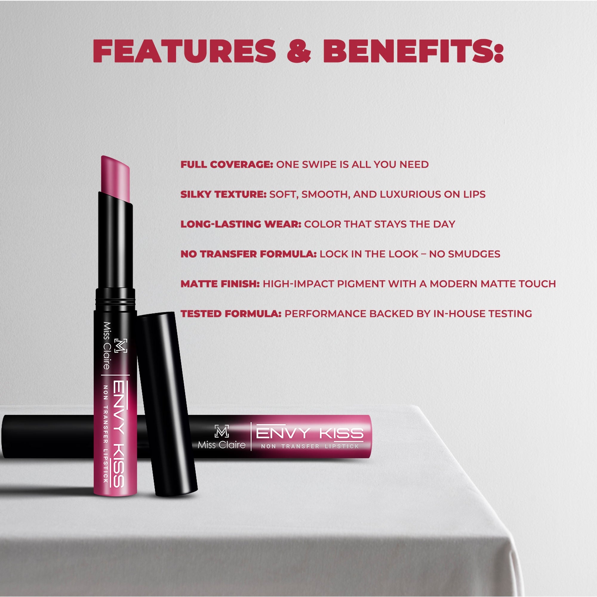 Miss Claire Envy Kiss Non Transfer Lipstick - 01 Queen Bee | Grocsy