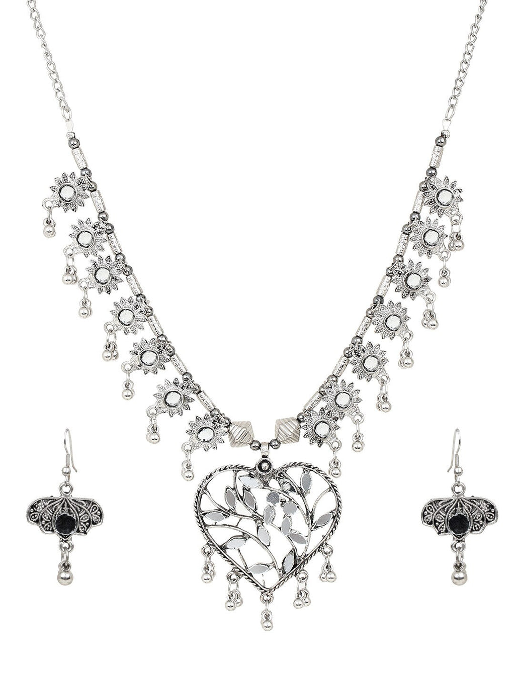 Cardinal Women Silver-Toned Oxidised Stone Studded & Beaded Heart Shaped Jewellery Set | Grocsy