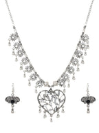 Cardinal Women Silver-Toned Oxidised Stone Studded & Beaded Heart Shaped Jewellery Set | Grocsy