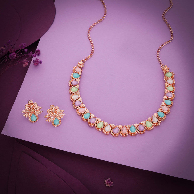 Tehzeeb Creationss Rose Gold Polish Multi Colour Necklace With Pair Of Earrings | Grocsy