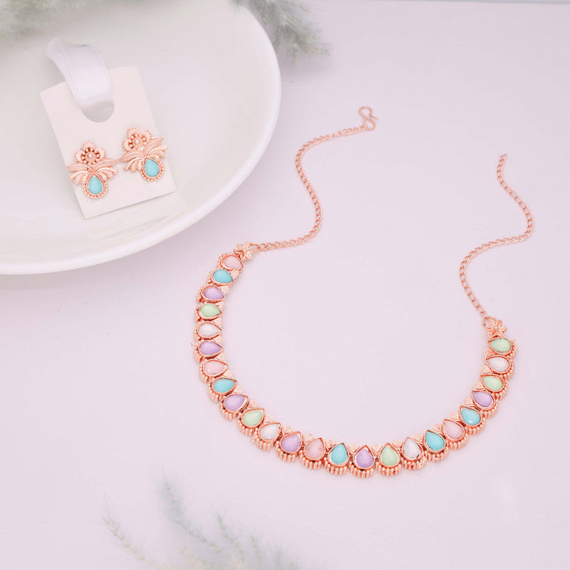 Tehzeeb Creationss Rose Gold Polish Multi Colour Necklace With Pair Of Earrings | Grocsy