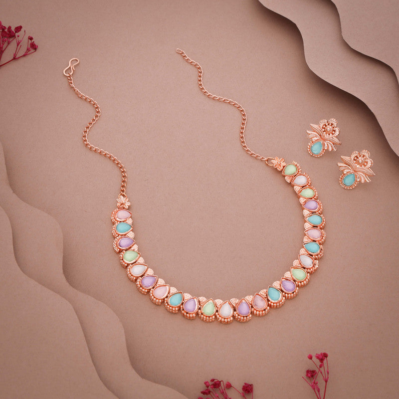 Tehzeeb Creationss Rose Gold Polish Multi Colour Necklace With Pair Of Earrings | Grocsy