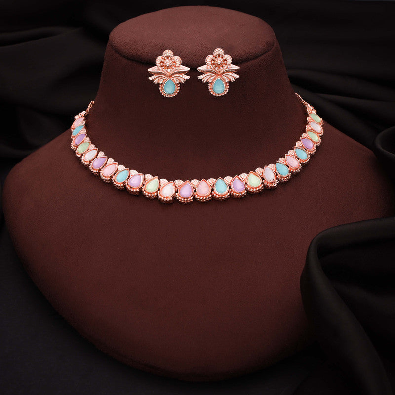 Tehzeeb Creationss Rose Gold Polish Multi Colour Necklace With Pair Of Earrings | Grocsy