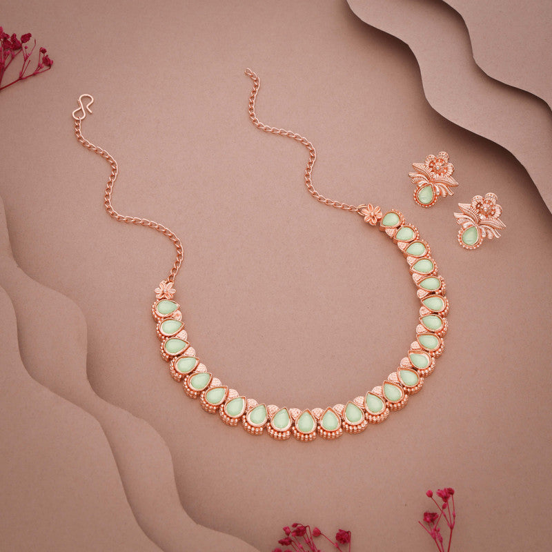 Tehzeeb Creationss Rose Gold Polish Sea Green Colour Necklace With Pair Of Earrings | Grocsy