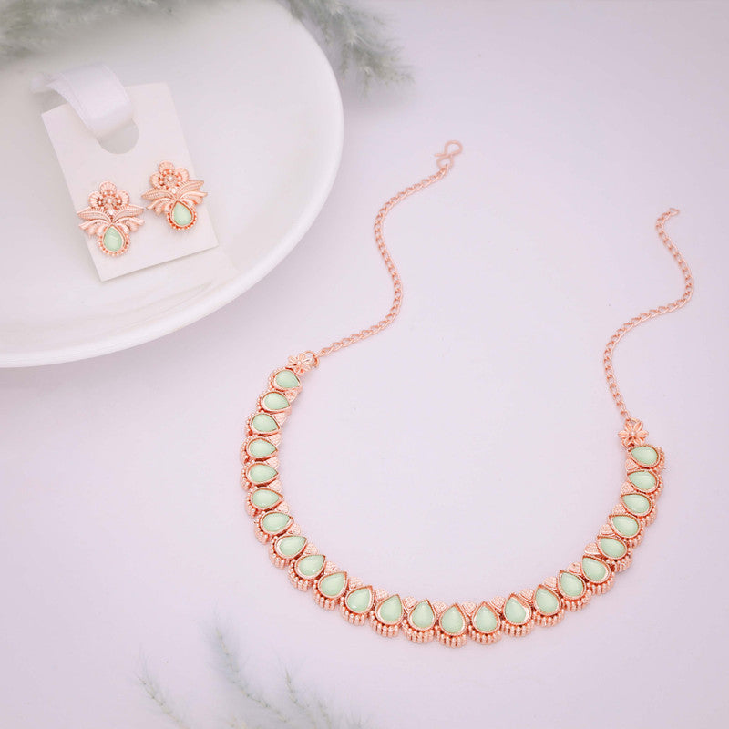 Tehzeeb Creationss Rose Gold Polish Sea Green Colour Necklace With Pair Of Earrings | Grocsy