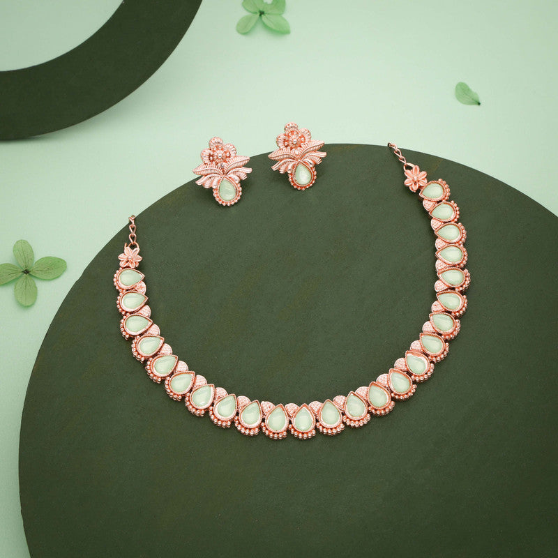 Tehzeeb Creationss Rose Gold Polish Sea Green Colour Necklace With Pair Of Earrings | Grocsy