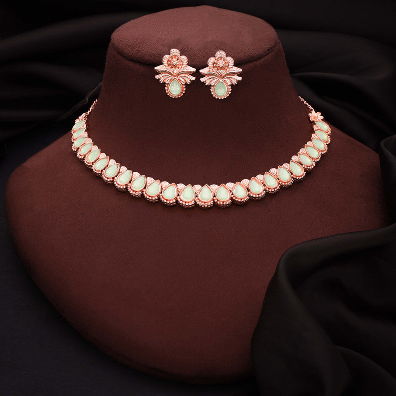 Tehzeeb Creationss Rose Gold Polish Sea Green Colour Necklace With Pair Of Earrings | Grocsy
