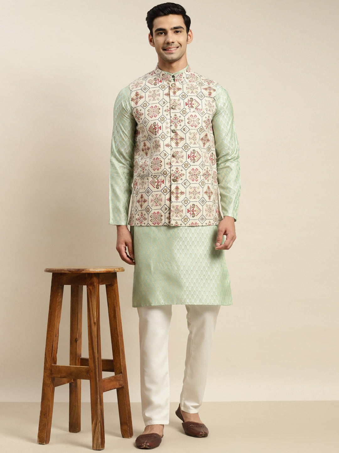 Sojanya Men Green Ethnic Motifs Woven Design Kurta & Churidar Comes With a Nehru Jacket | Grocsy