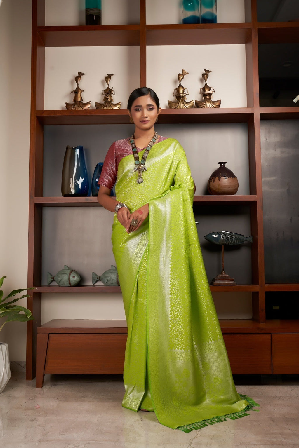 Vardha Chartreuse Green Silver Zari Kanjeevaram Silk Saree | Grocsy