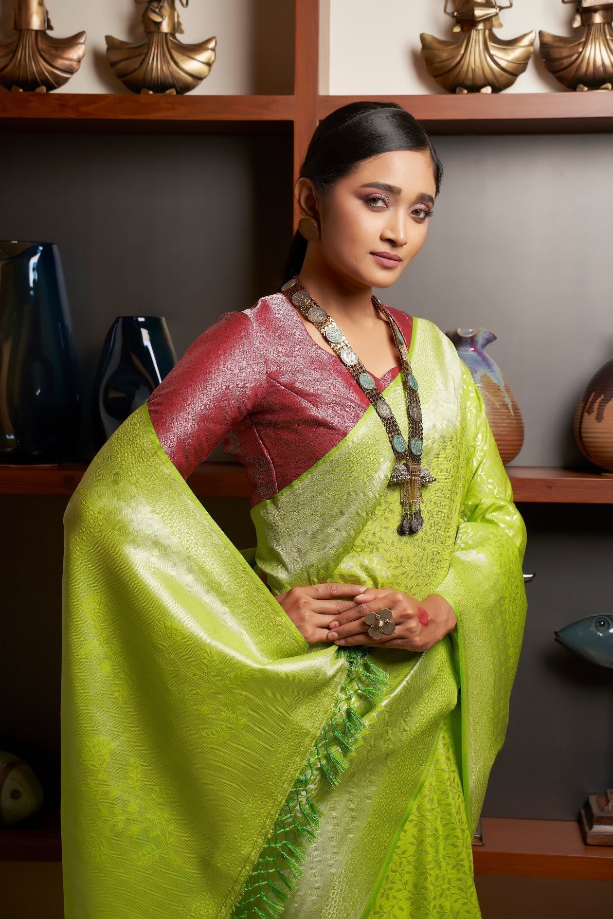 Vardha Chartreuse Green Silver Zari Kanjeevaram Silk Saree | Grocsy