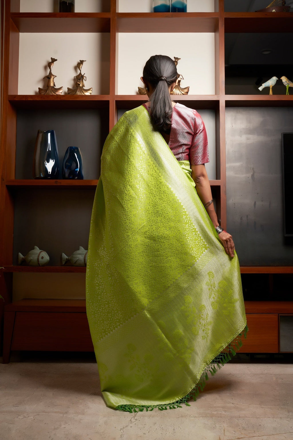 Vardha Chartreuse Green Silver Zari Kanjeevaram Silk Saree | Grocsy
