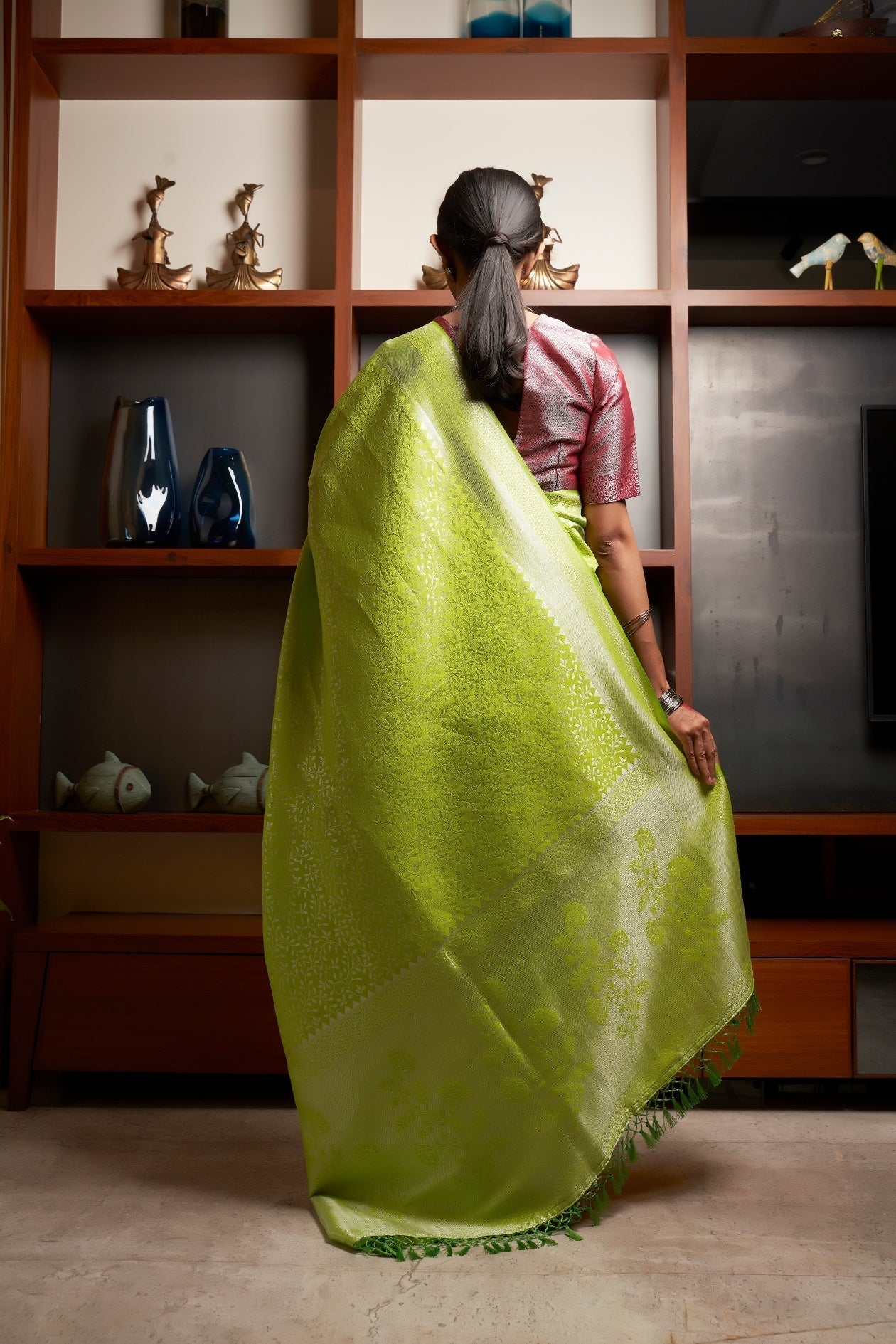Vardha Chartreuse Green Silver Zari Kanjeevaram Silk Saree | Grocsy