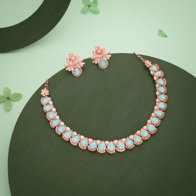 Tehzeeb Creationss Rose Gold Polish Sky Blue Colour Necklace With Pair Of Earrings | Grocsy