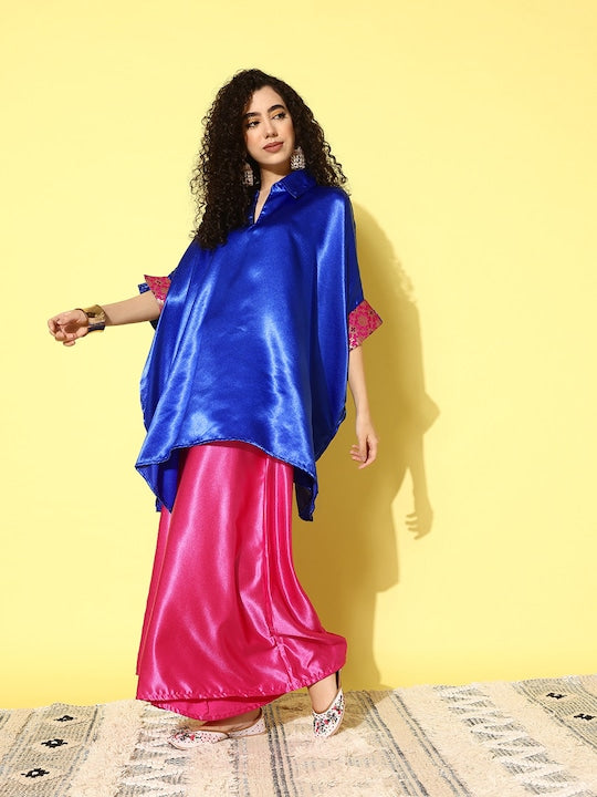 InWeave Women's Blue Pink Brocade Satin Boho Kurta Pink Palazzo Set | Grocsy