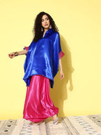 InWeave Women's Blue Pink Brocade Satin Boho Kurta Pink Palazzo Set | Grocsy