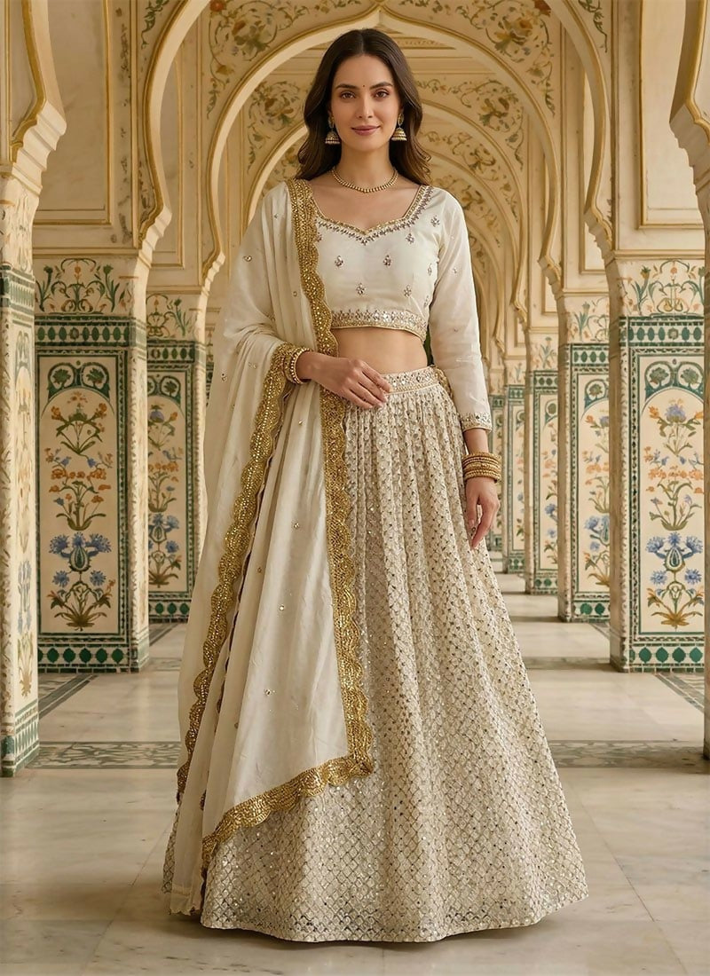 Lehenga Mart White Faux Georgette Designer Bollywood Style Wedding Wear Lehenga Choli | Grocsy