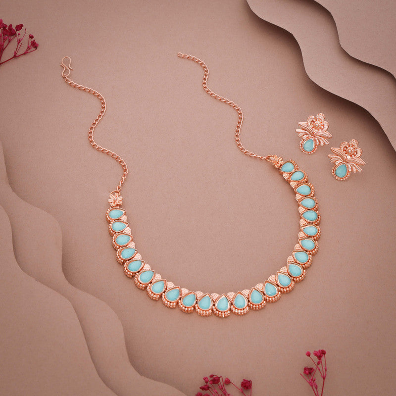 Tehzeeb Creationss Rose Gold Polish Sky Blue Colour Necklace With Pair Of Earrings | Grocsy