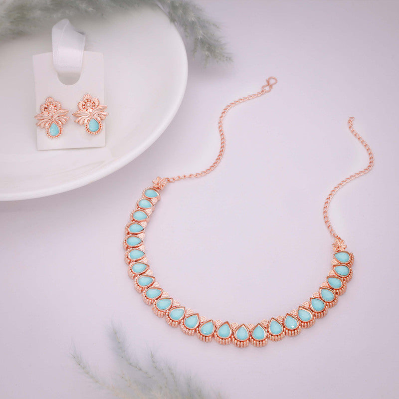 Tehzeeb Creationss Rose Gold Polish Sky Blue Colour Necklace With Pair Of Earrings | Grocsy