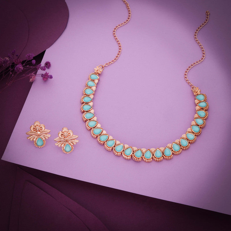 Tehzeeb Creationss Rose Gold Polish Sky Blue Colour Necklace With Pair Of Earrings | Grocsy