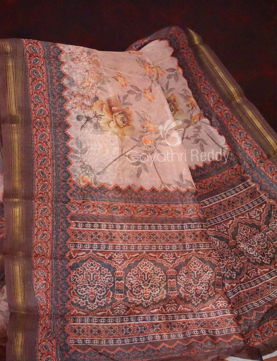 Light Brown Colour Print Design Semi Chanderi Saree By Gayathri Reddy Designer Studio | Grocsy