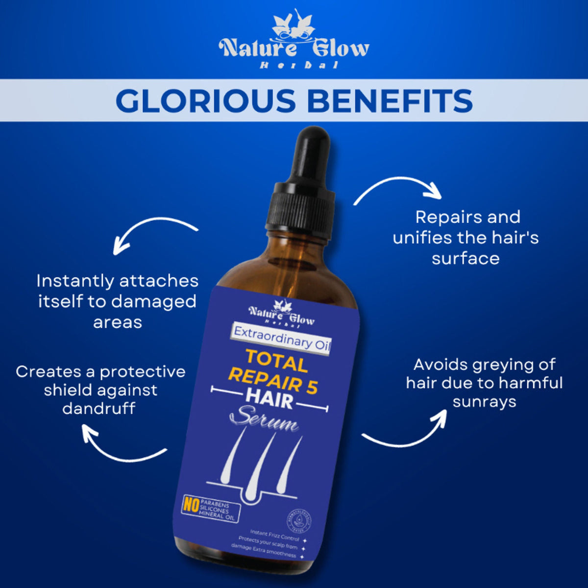 Nature Glow Herbal Total Repair 5 Hair Serum - For All Hair Types | Grocsy