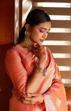 Vardha Peach Orange Silver Zari Kanjeevaram Silk Saree | Grocsy