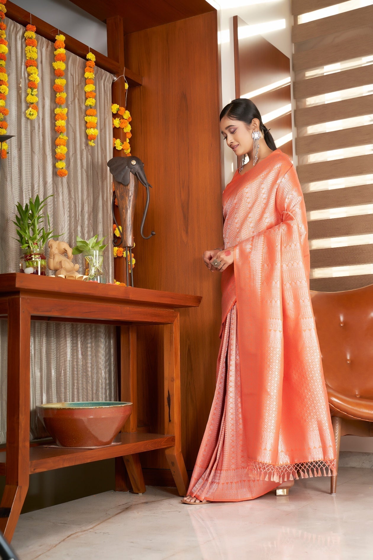 Vardha Peach Orange Silver Zari Kanjeevaram Silk Saree | Grocsy
