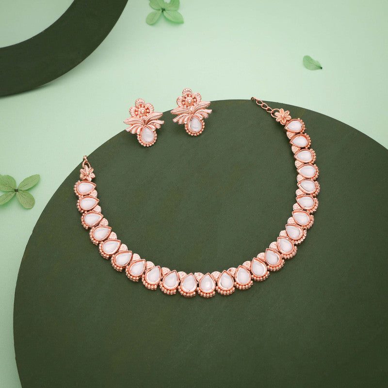 Tehzeeb Creationss Rose Gold Polish White Colour Necklace With Pair Of Earrings | Grocsy