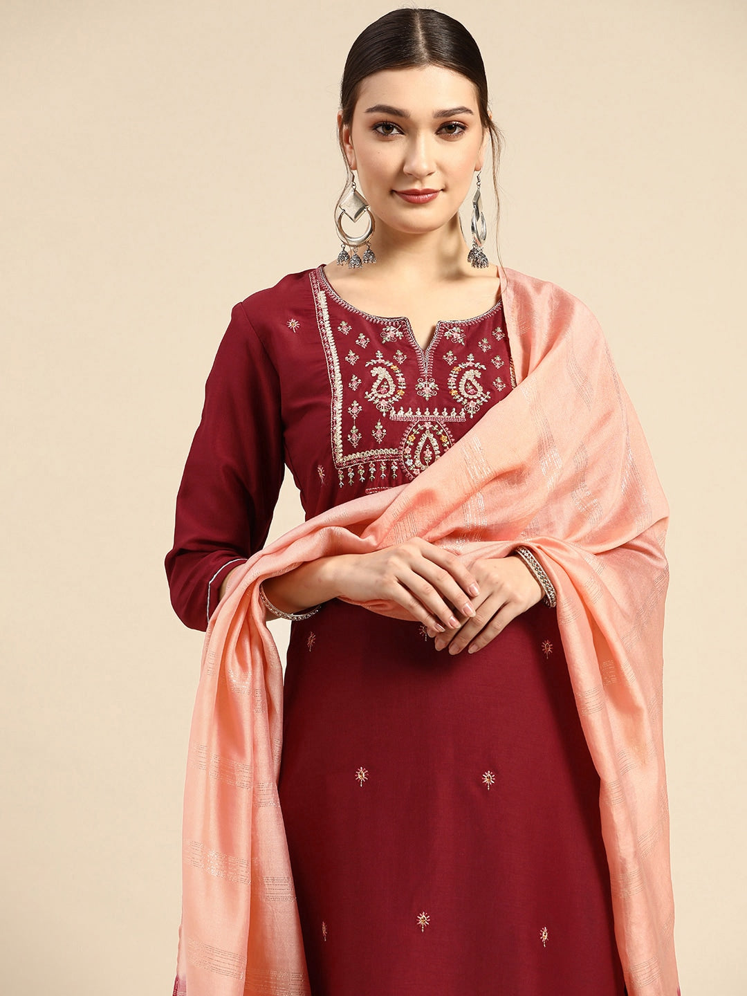 Sangria Women Red Ethnic Motifs Embroidered Pure Cotton Kurta with Trousers & With Dupatta | Grocsy