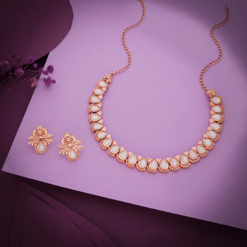 Tehzeeb Creationss Rose Gold Polish White Colour Necklace With Pair Of Earrings | Grocsy