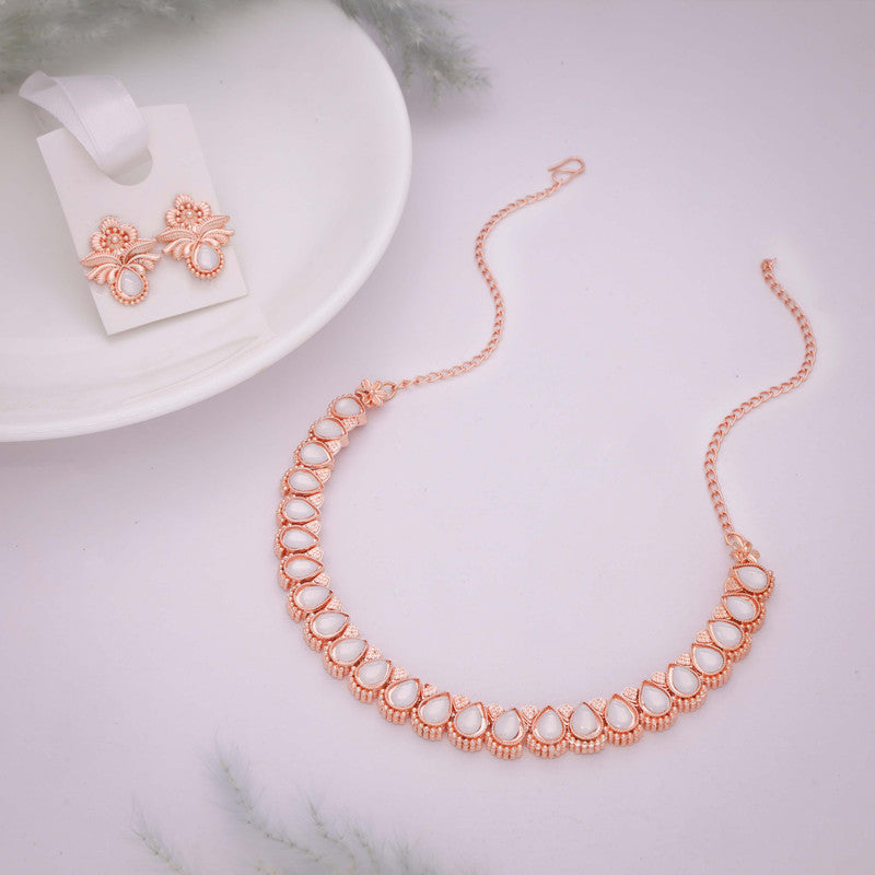 Tehzeeb Creationss Rose Gold Polish White Colour Necklace With Pair Of Earrings | Grocsy